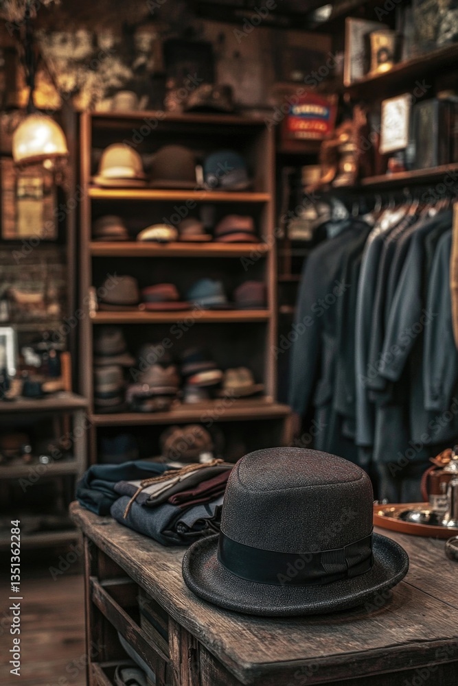 Poster a hat sits alone on top of a wooden table, perfect for adding some stylish flair to any scene