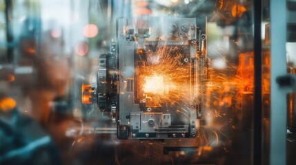 Complex machine grinds with bright sparks on metal surface during work. Showcases precision engineering, technological innovation, and manufacturing.