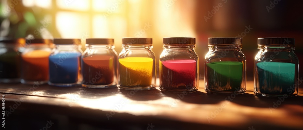 Poster A row of empty glass bottles filled with different colored sands, great for creative displays or decorative purposes