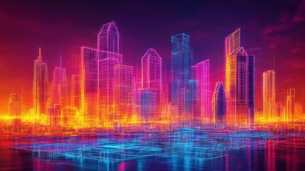 Neon cityscape wireframe at dusk