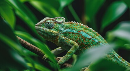 Chameleon Resting on Branch Surrounded by Green Foliage in Natural Habitat