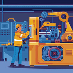 2d vector illustration colorful machine , worker and Industry and its development technology, factories and production lines icon
