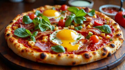 Delicious breakfast pizza topped with scrambled eggs, bacon, and fresh vegetables drizzled with hot sauce