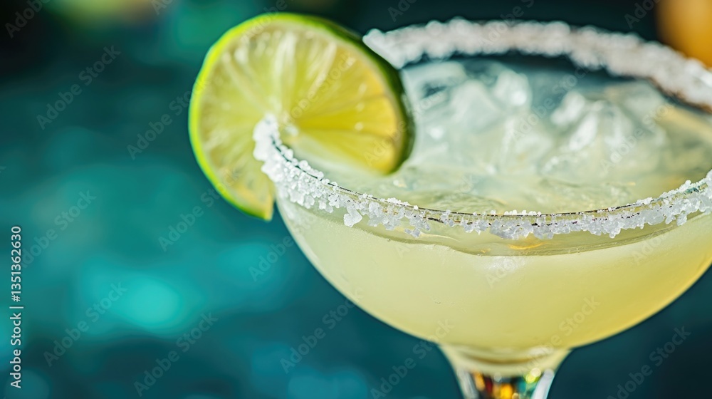Poster a close-up shot of a margarita cocktail with a lime slice on the rim, perfect for capturing the esse