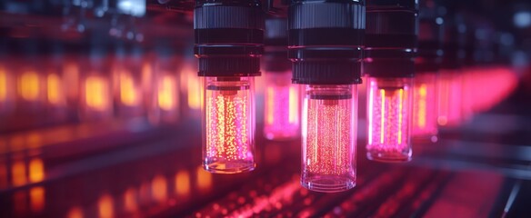 Illuminated tubes in automated factory, glowing background. Industrial process