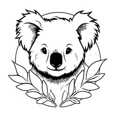 Detailed black and white illustration of a koala head, perfect for graphic design and wildlife projects.