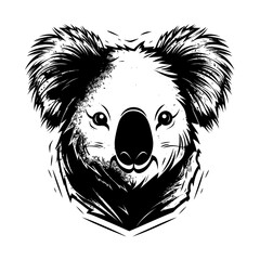 Detailed black and white illustration of a koala head, perfect for graphic design and wildlife projects.