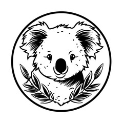 Detailed black and white illustration of a koala head, perfect for graphic design and wildlife projects.