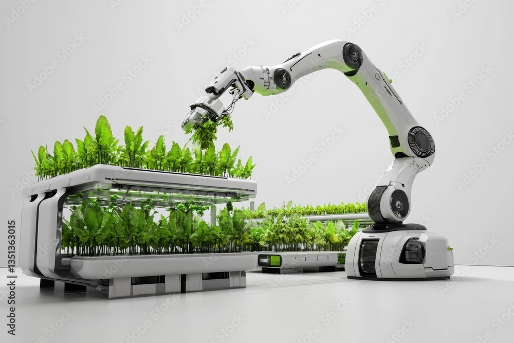 Poster a robot standing next to a potted plant, ideal for use in futuristic or sci-fi themed designs