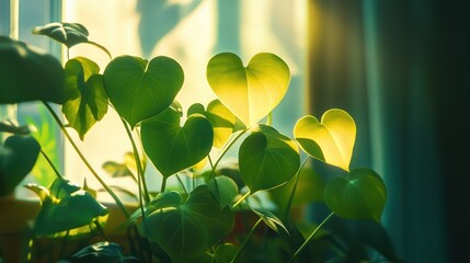 Heart-shaped leaves backlit by morning sun, indoor plant