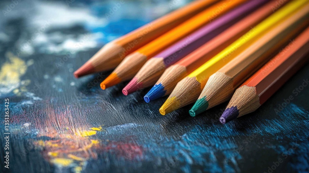 Poster a collection of colorful pencils arranged neatly on a table surface, perfect for artistic or educati