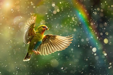 Fototapeta premium Playful bird flying through a rain shower, with droplets glistening on its feathers and a rainbow in the background