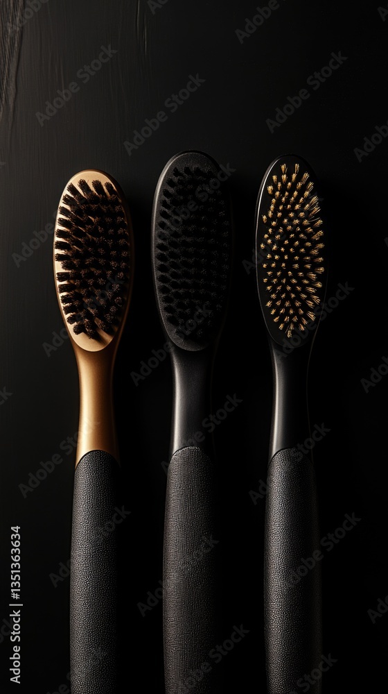 Poster a row of three paintbrushes on a dark, matte background