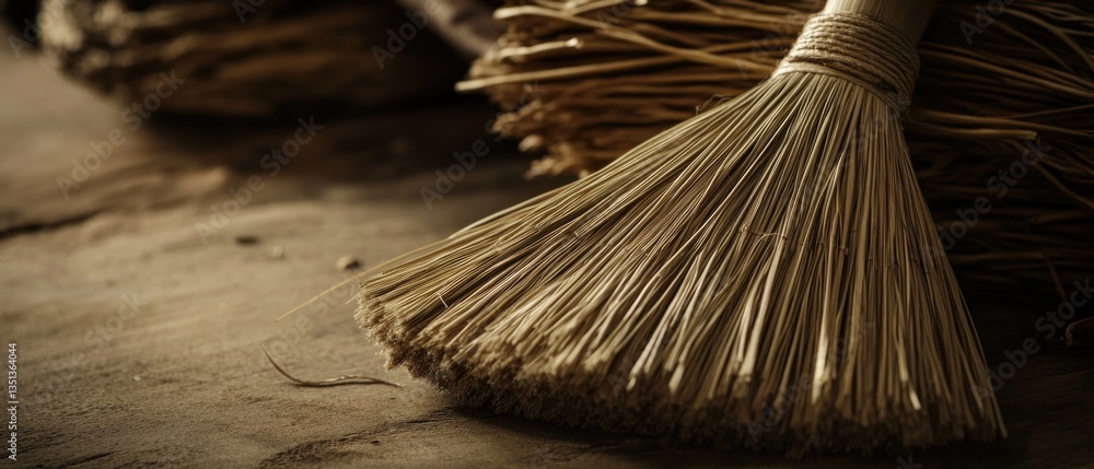 Poster a close-up view of a broom resting on a table, ready for use
