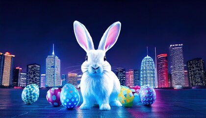 Futuristic Easter bunny with glowing eggs and city skyline at night. Cute rabbit under night city lights surrounded by glowing Easter egg. rabbit with neon lights and shiny eggs in modern Easter scene