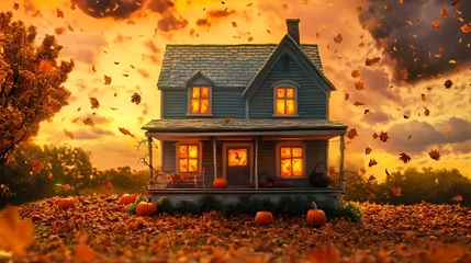 Fleecedeken met foto Autumn House with Falling Leaves, and Sunset. © GulirBawah
