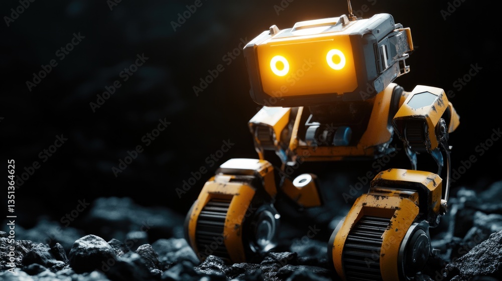 Poster A small robot sits atop a pile of rocks, perfect for use in illustrations or graphics