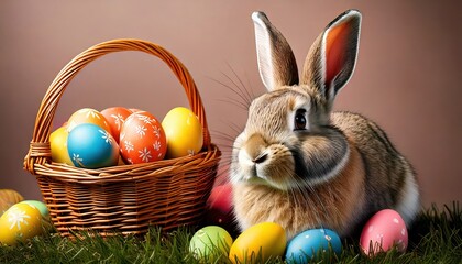 Bunny and Easter basket filled with colorful eggs on grass and straw. Sweet spring bunny with hand-painted Easter eggs in warm cozy setting. Fluffy rabbit next to basket full of decorated eggs