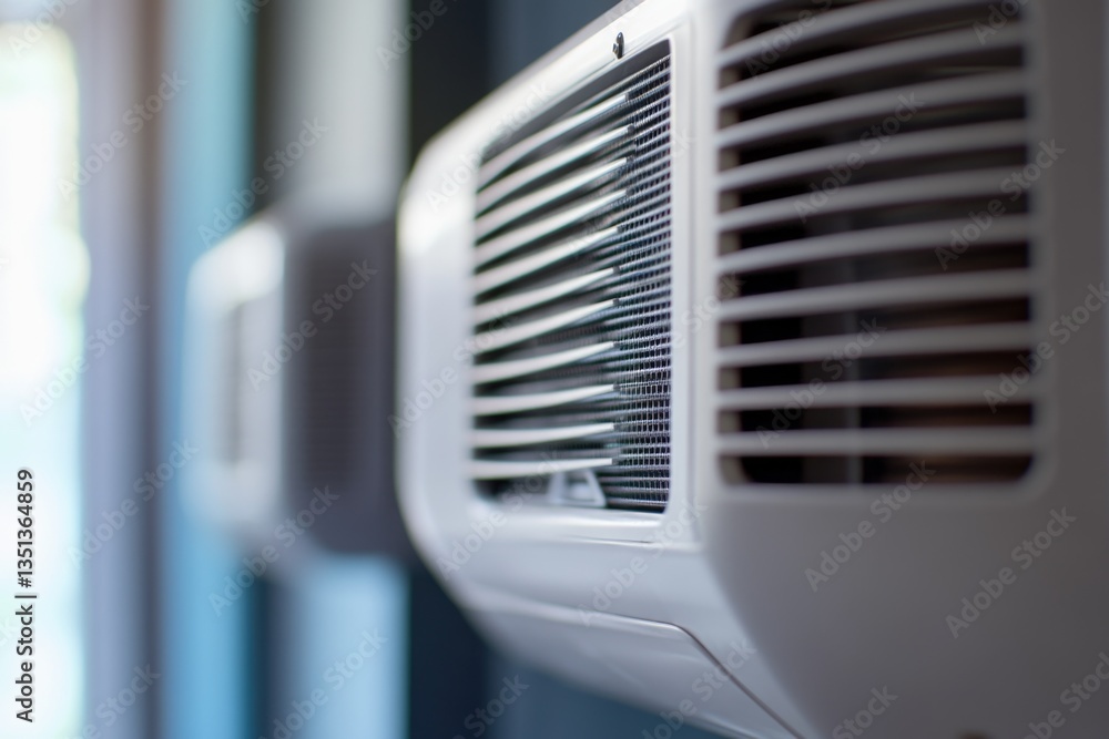 Poster white air conditioner installed next to a window, ready for use