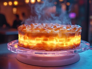 Steaming dessert on illuminated stand, restaurant background