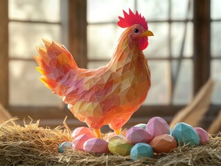 Low-poly chicken Easter eggs barn sunrise
