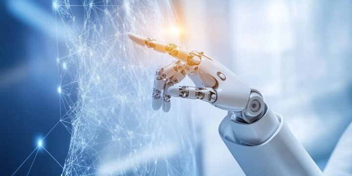 A robotic hand pointing towards a network structure display - Powered by Adobe