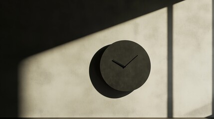A modern and minimalist black clock with sleek hands casting long, dramatic shadows on a softly lit surface, creating an elegant and sophisticated aesthetic