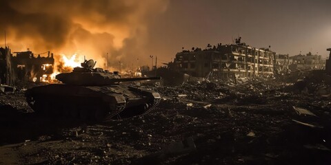 Fototapeta premium Warzone Devastation Nighttime Tank in a Fire-Ravaged Cityscape