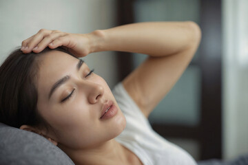 Fototapeta premium Sad woman is laying on a couch with her head on her hand. She is feels lonely