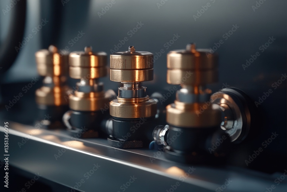 Poster A close-up view of a collection of valves on a shelf, suitable for use in technical illustrations or industrial scenes