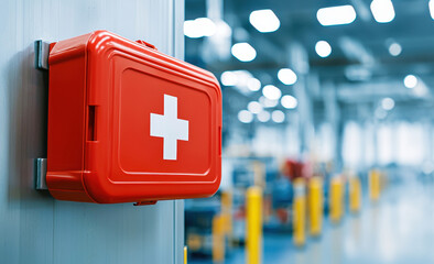 First aid kit in an industrial factory safety setting. Red first aid kit mounted on a wall in a brightly lit industrial setting, symbolizing safety and emergency preparedness.