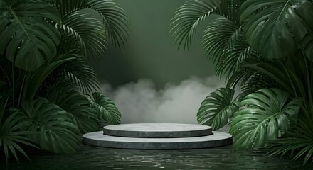 Obraz premium A stone podium surrounded by lush tropical leaves with a misty atmosphere, AI Generated