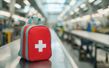 First aid kit in an industrial factory safety setting. A red and gray first aid kit sits on a factory table, with blurred industrial background suggesting a workspace environment.