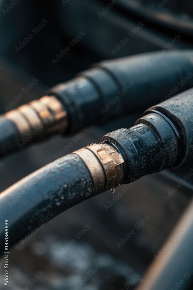 Poster A close-up view of a hose connected to a car, suitable for use in automotive or mechanical context