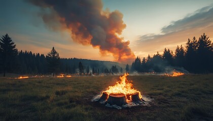 Forest Fire Sunset Landscape.