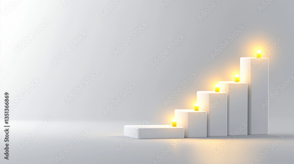 Poster a minimalist design featuring ascending white blocks with glowing candles, symbolizing growth and pr