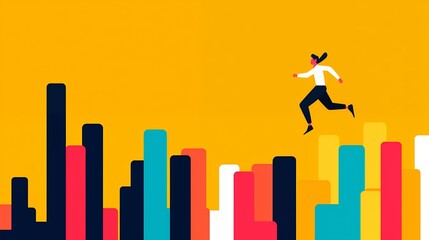 Businesswoman Leaps Over Colorful Bar Graph Obstacles Achieving Success Growth Goals