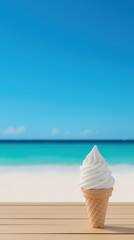 A creamy ice cream cone sits on a wooden table, with a stunning beach and blue sky in the background, evoking a refreshing summer vibe.