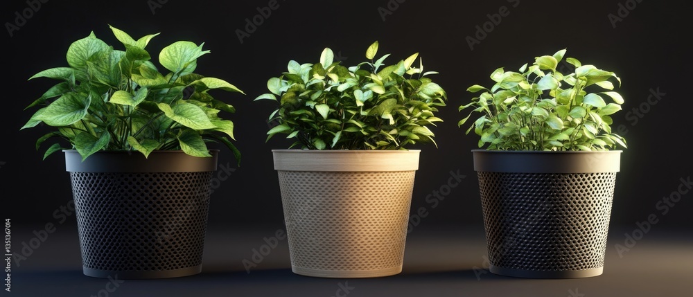 Poster a trio of potted plants sit atop a table, adding a touch of greenery to the space