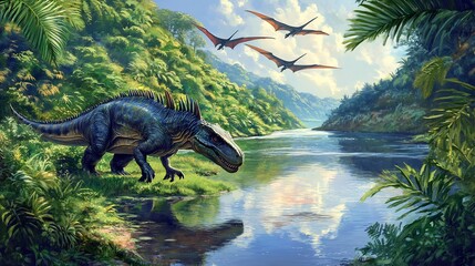 Strong agile Iguanodon grazing near tranquil river distinctive thumb spike ready ward off attacker Lush greenery surround scene flock of pterosaur soar overhead water reflects vibrant color of