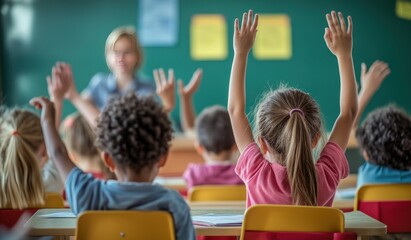 Children raising hands in a classroom during a learning activity