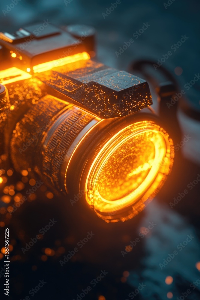 Poster a close-up shot of a camera lens on a table, ideal for use in product photography or as a prop in cr