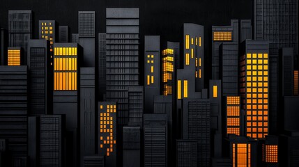 Dark Cityscape at Night Illuminated Buildings and Skyscrapers