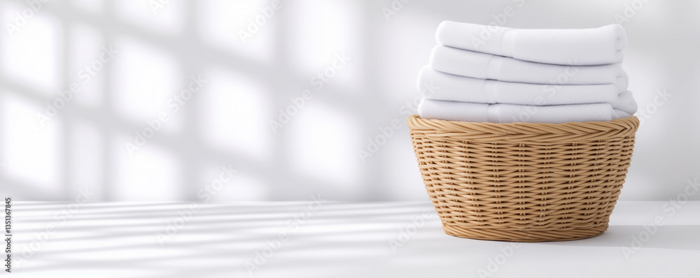 Poster a neatly arranged stack of white towels sits in a wicker basket, casting soft shadows on a minimalis