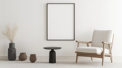 minimalist living room featuring scandinavian furniture and curated accessories placed against blank white wall offering