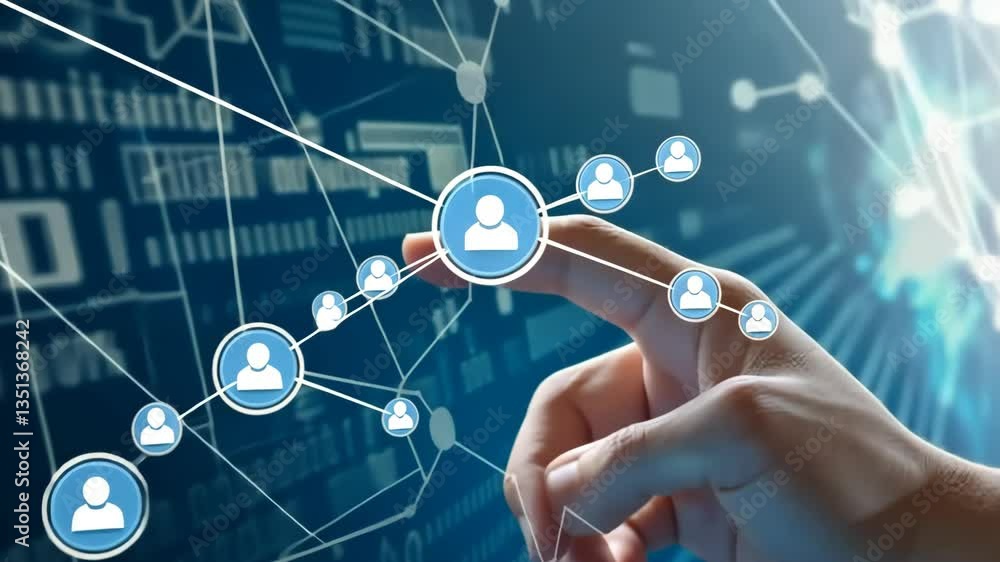 Leinwandbilder The image features a closeup of a hand engaging with a digital network interface, highlighting user connections via icons and data analytics in a modern tech environment showcasing advancements
