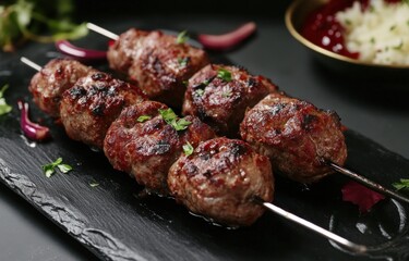 Grilled Meat Skewers Presented With Red Onion and Garnishing Greens