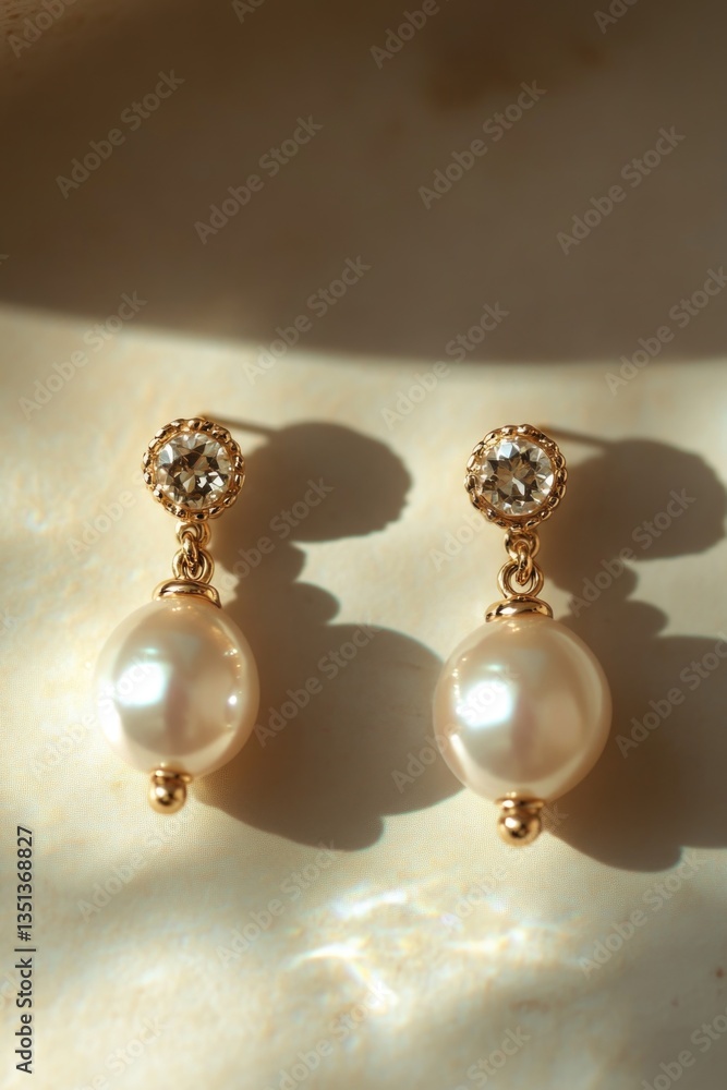 Poster a pair of pearl earrings resting on a surface, possibly for display or storage