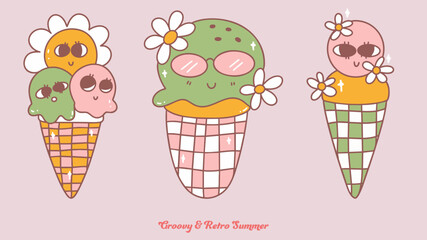Indulge in groovy retro summer with delightful ice cream cones featuring cute characters and playful designs that evoke nostalgia and joy