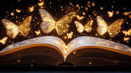 A dreamy cluster of butterflies flying around an old gramophone with soft golden light filling the scene.